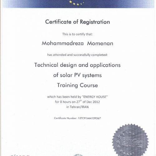 گواهینامه دوره فنی طراحی و کاربرد سیستم‌های خورشیدی